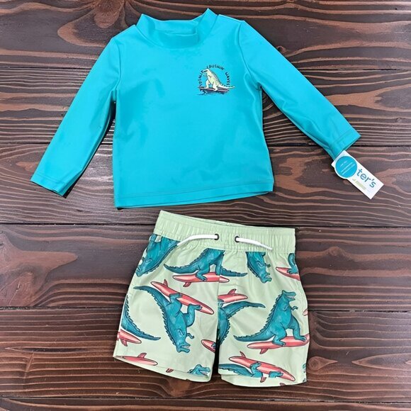 NEW 2Pc 12M Boys Surfing Dino Rashguard & Swim Trunks - Picture 2 of 4
